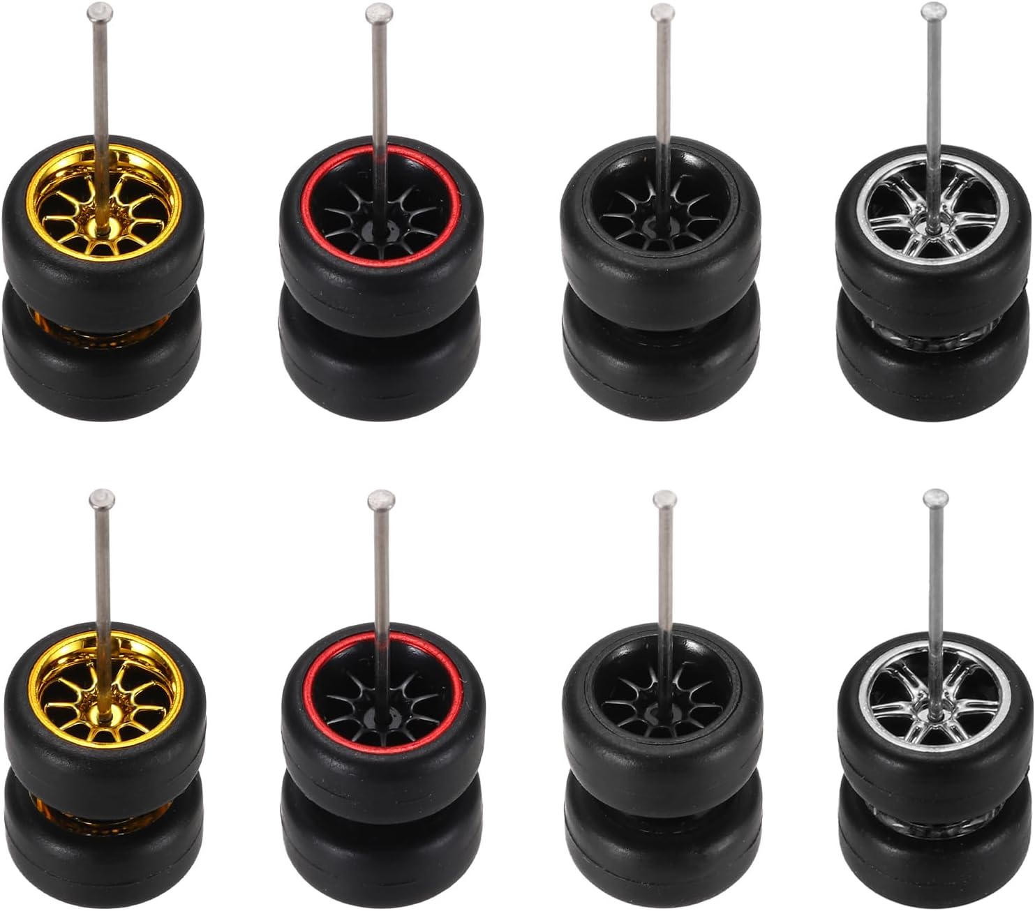sourcing map 8 Set 1/64 Wheels and Tires Set, Real Riders Rims Includes Axles for RC Diecast Car DIY Model, 5 and 6-Spoke Gold Silver Red Line Black Rims