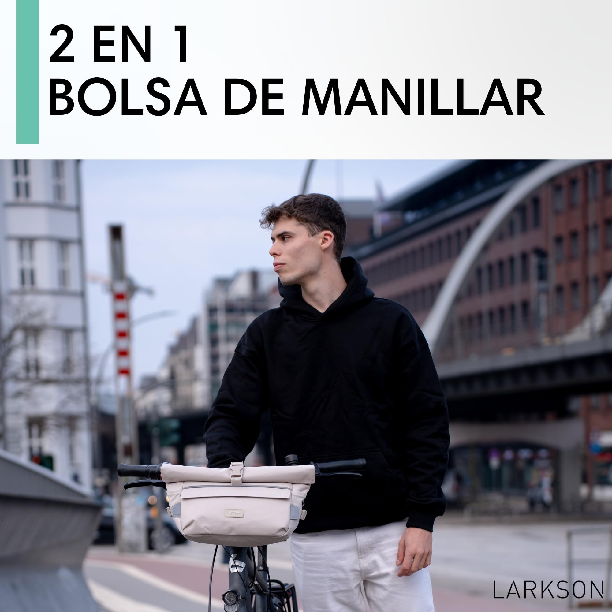 LARKSON Bolsa Manillar Bicicleta Negro - Lasse - Bolsa 2 en 1 para Bici y Bandolera - con Reflejo - Repelente al Agua