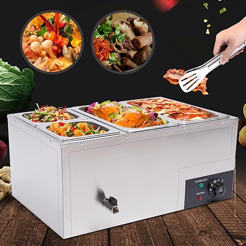 Miniatura 2 de DYNAMI Calentador de alimentos de buffet comercial de 110 V, 850 W, gran capacidad para 4 bandejas (7.4 cuartos de galón x 2 + 3.2 cuartos de galón