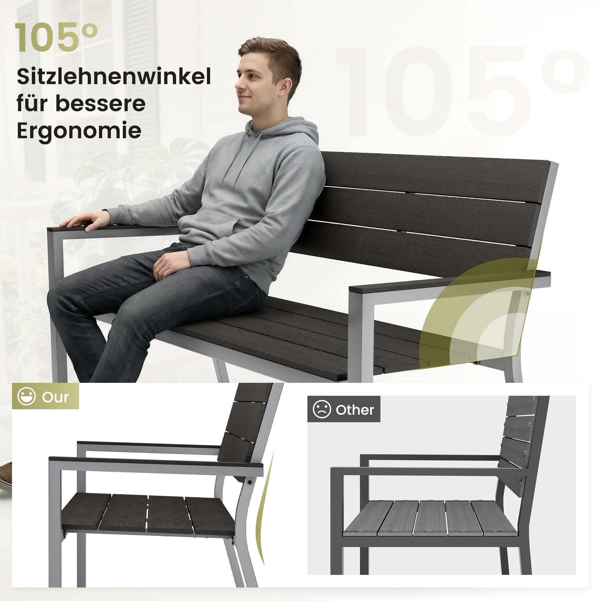 UDPATIO Gartenbank Wetterfeste in Holzoptik, Metall Sitzbank Outdoor für Balkon & Garten, Parkbank 2–3 Sitzer,Stabile Balkonbank mit Rücken & Armlehnen, Hellgrau