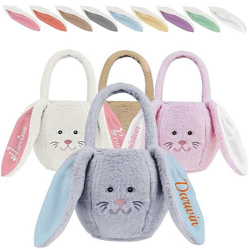 Cesta de conejo de Pascua personalizada con orejas flexibles de felpa peluda con asa de nombre, bolsa de huevos de conejo esponjosa, regalos para