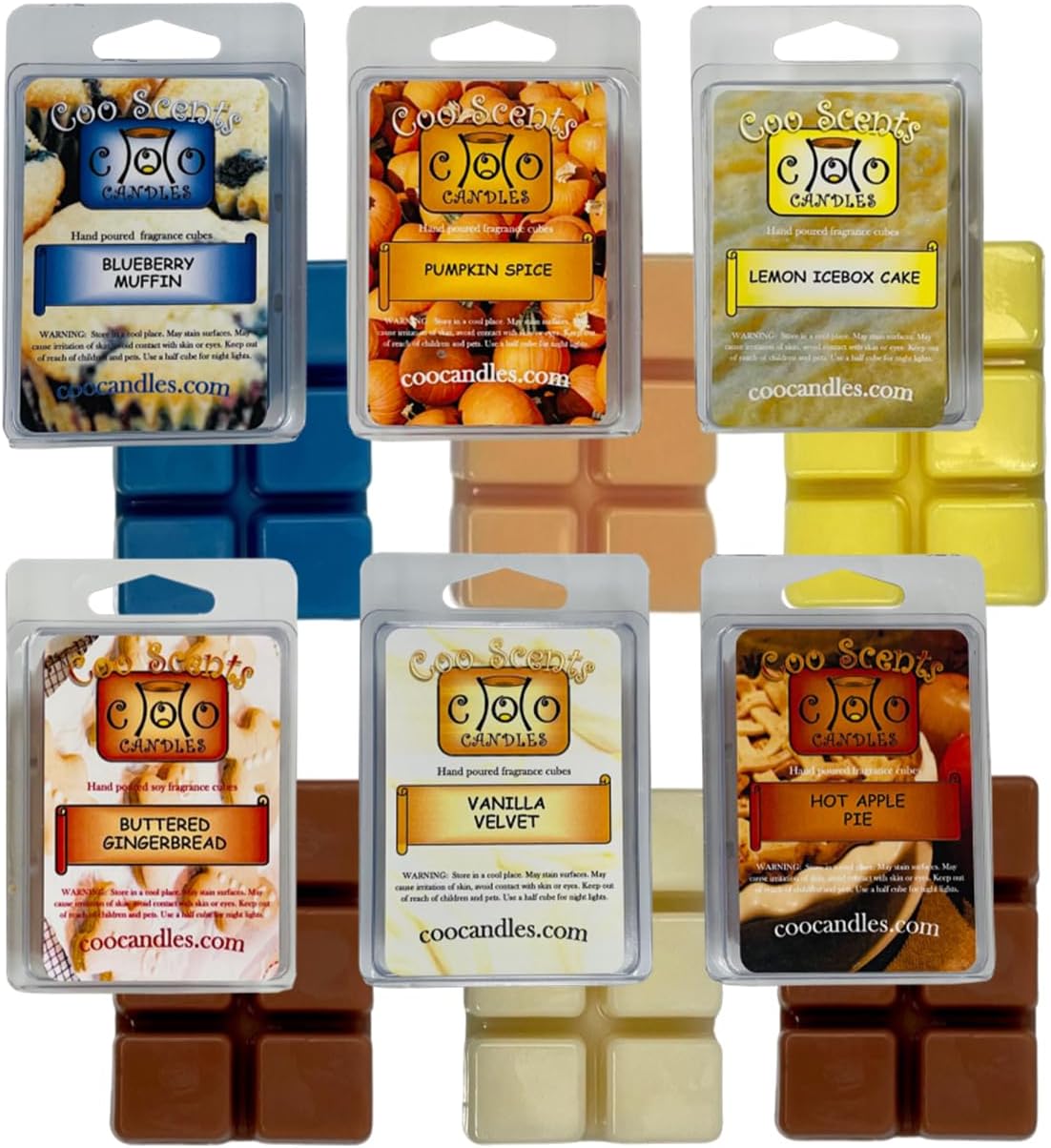 6 Pack Soy Blend Wickless Candle Wax Melt Bar Cubes - Bakery Pack. Hot Apple Pie, Buttered Gingerbread, Pumpkin Spice, Vanilla Velvet, Blueberry Muffin and Lemon Ice Box Cake