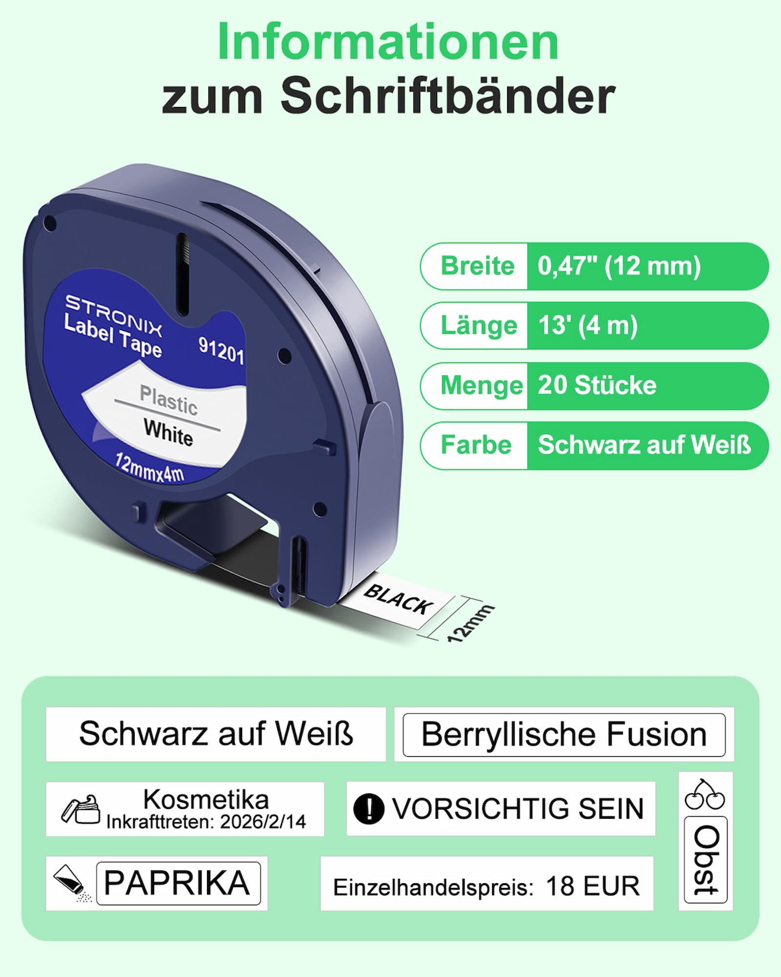 20x Kompatibel für Dyno Letra Tag Etikettenband 12mm x 4m Schwarz auf Weiß Schriftband 91221 S0721660 Kunststoff Etiketten für LT-100H, 100H Plus, 100T, 100T Plus, 110T, 2000, 200B, 80, XM, XR, 109 XR