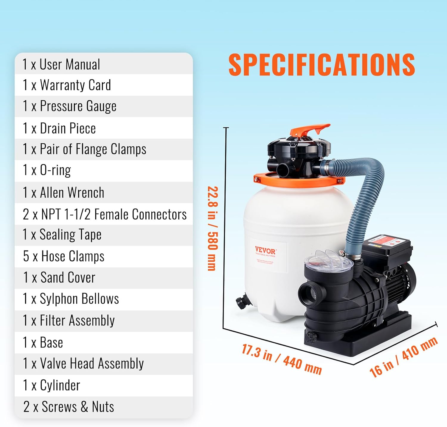 VEVOR 12-inch Sand Filter Pump for Above Ground, Digital Programmer Timer, 3000GPH, 1/2 HP Pool Pumps System & Filters Combo Set with 6-Way Multi-Port Valve & Strainer Basket, Easy Installation