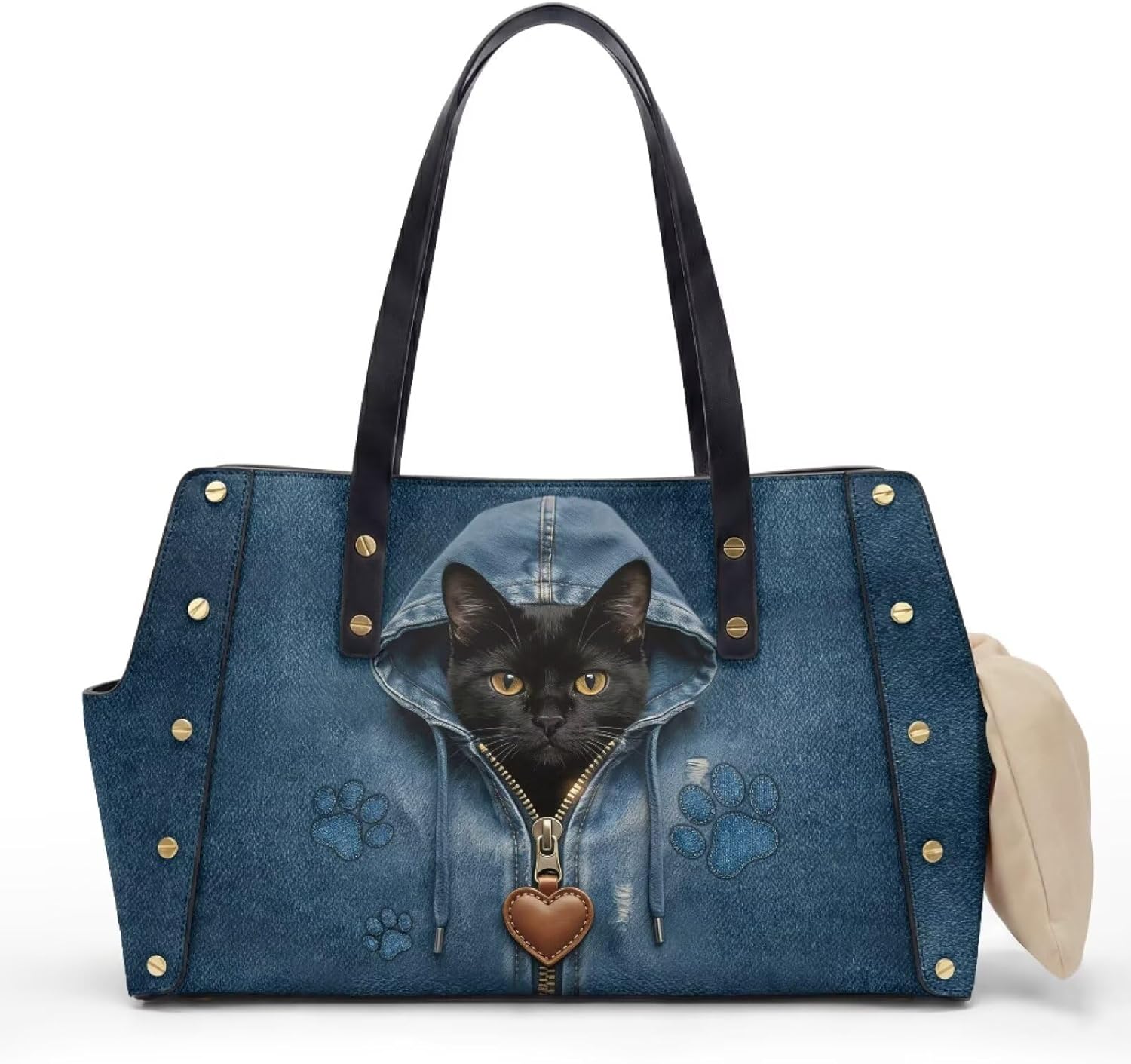 COEQINE Dog Purse Carrier for Small Dogs Black Cats Puppy Paw Print Kawaii Dog Purse Carrier for Small Dogs Luxury Design Beach Tote Bag for Women Travel with with Pillow Replacement