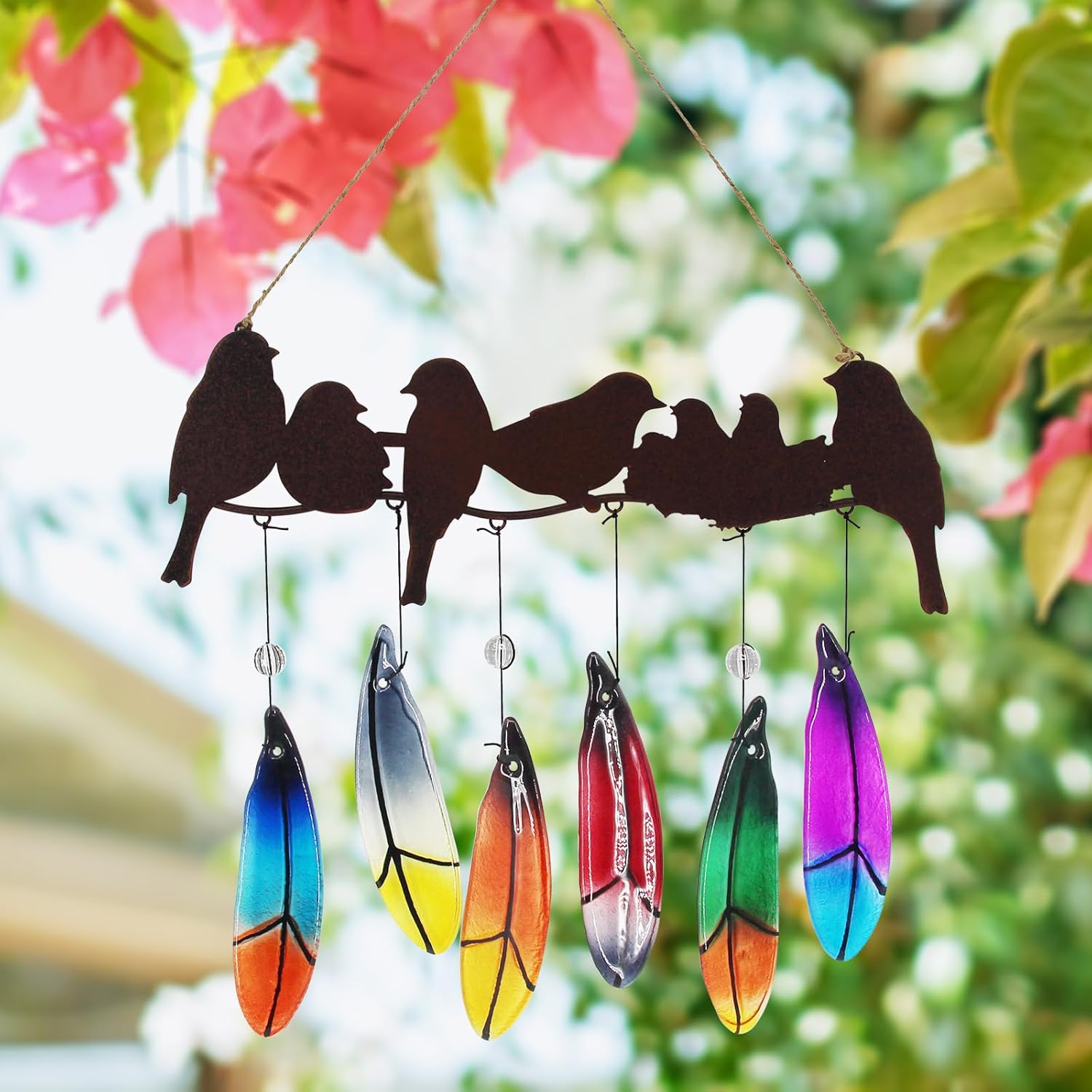 Glass Wind Chime for Outside Metal Bird Yard Art Colored Glass Memorial Wind Chimes for Mom Loved One Gifts