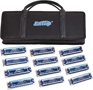 Harmonica Set 12 key blues harp 008K Professional Diatonic Harmonicas 10 Holes 20 Tones Harmonica for Professional Player,Beginner,Students,Children with Black Gift Bag (Blue-12 keys)