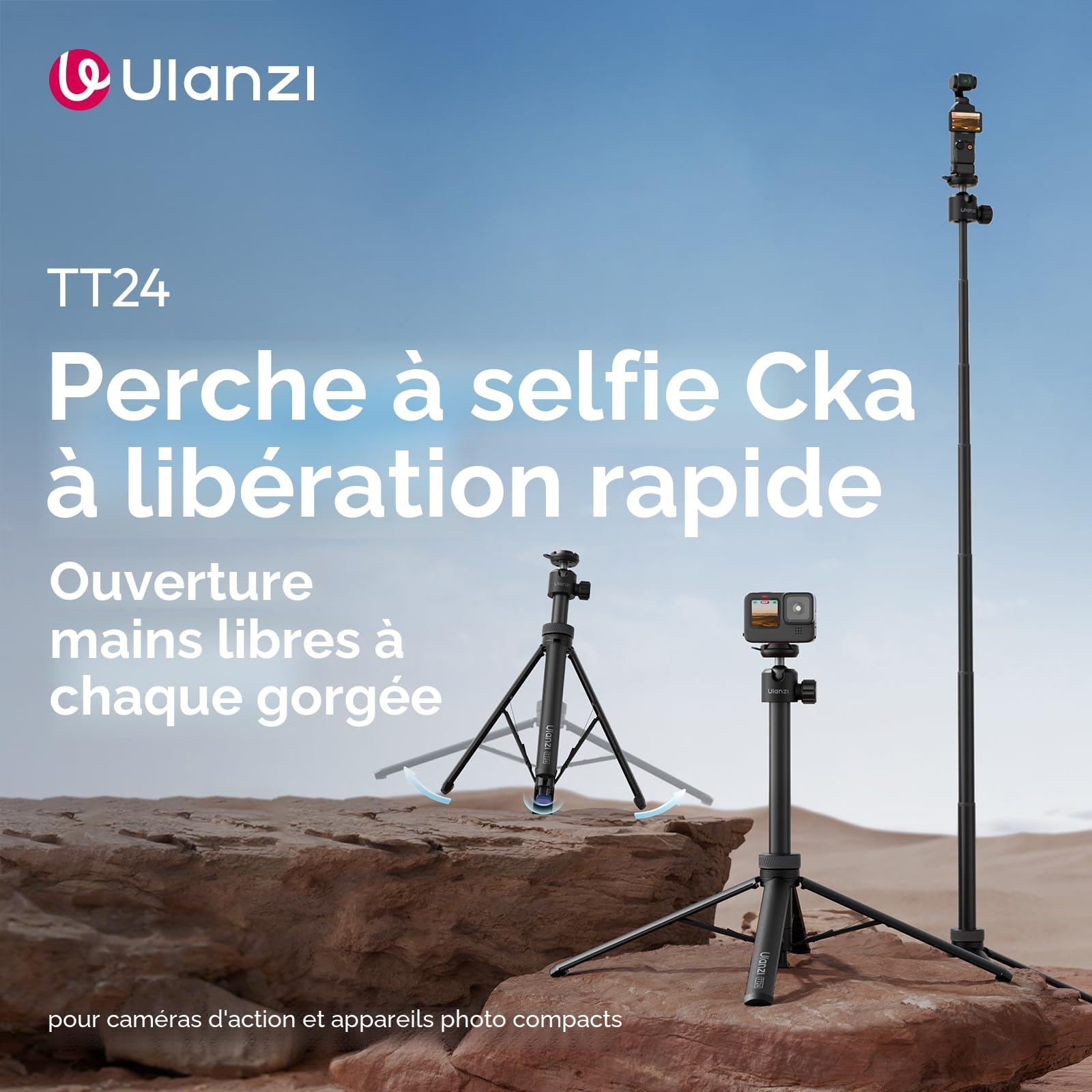 Ulanzi TT24 Trépied à Selfie, Perche à Selfie à dégagement Rapide pour DJI Pocket 3 4/Osmo Action 5/4, trépied pour caméra d'action GoPro/Insta360 X5/X4/X3/Ace Pro, Accessoires pour caméra d'action