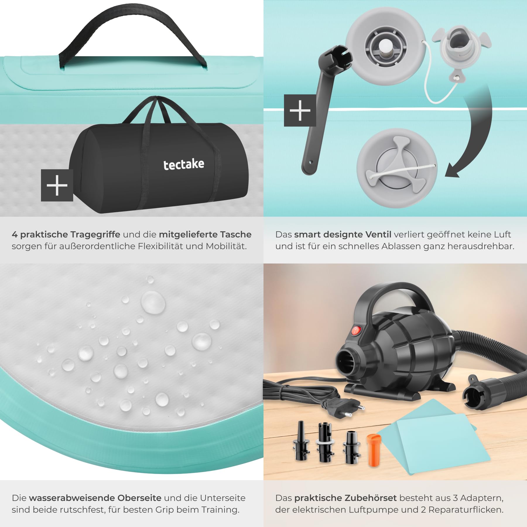 tectake® aufblasbare Turnmatte air track mit elektrischer Luftpumpe für Fitness Yoga Matte Turn Training Zuhause oder outdoor, Weichbodenmatte, Sportmatte mit Transporttasche, Größe 397 x 104 x 10 cm