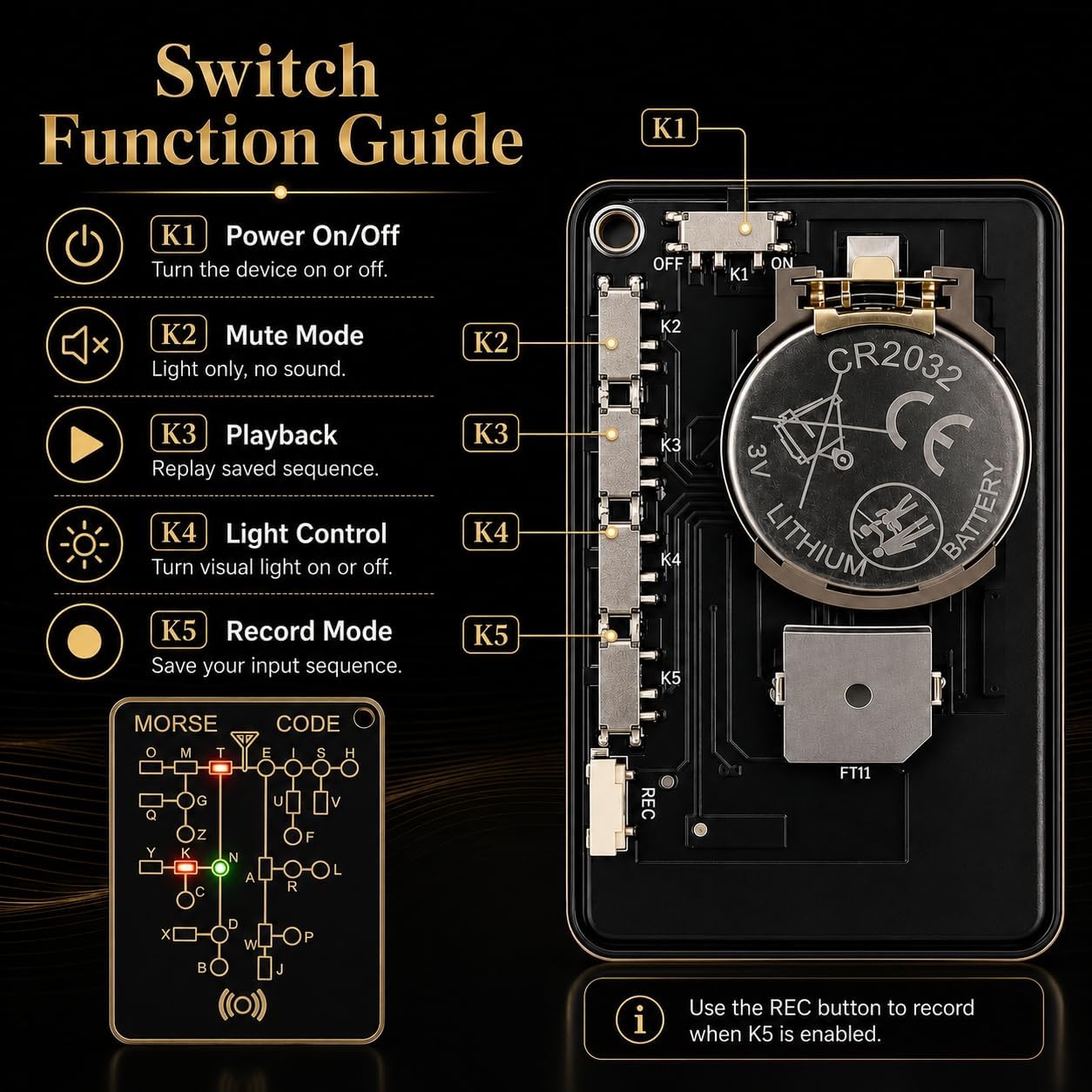 Morse Code Trainer Card Pro, Interactive LED & Audio Morse Code Trainer, Record & Playback Practice Tool, Portable Pocket-Sized PCB Telegraph Training Card for Adults and Beginners