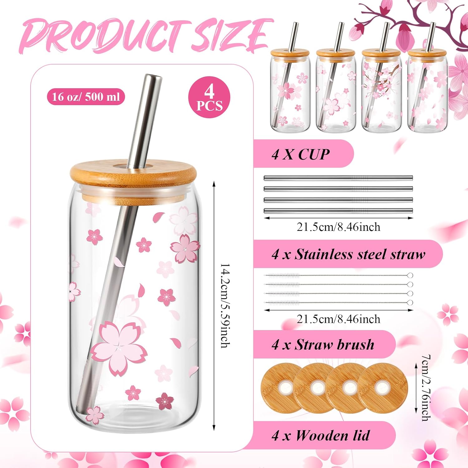 Zhehao 4 Pcs Glass Cups with Lid and Straw Cherry Cute Bubble Tea Cups 16oz Iced Coffee Mason Jar Kawaii Sakura Tea Tumbler Reusable for Christmas Women Birthday Graduation Gift - Image 2