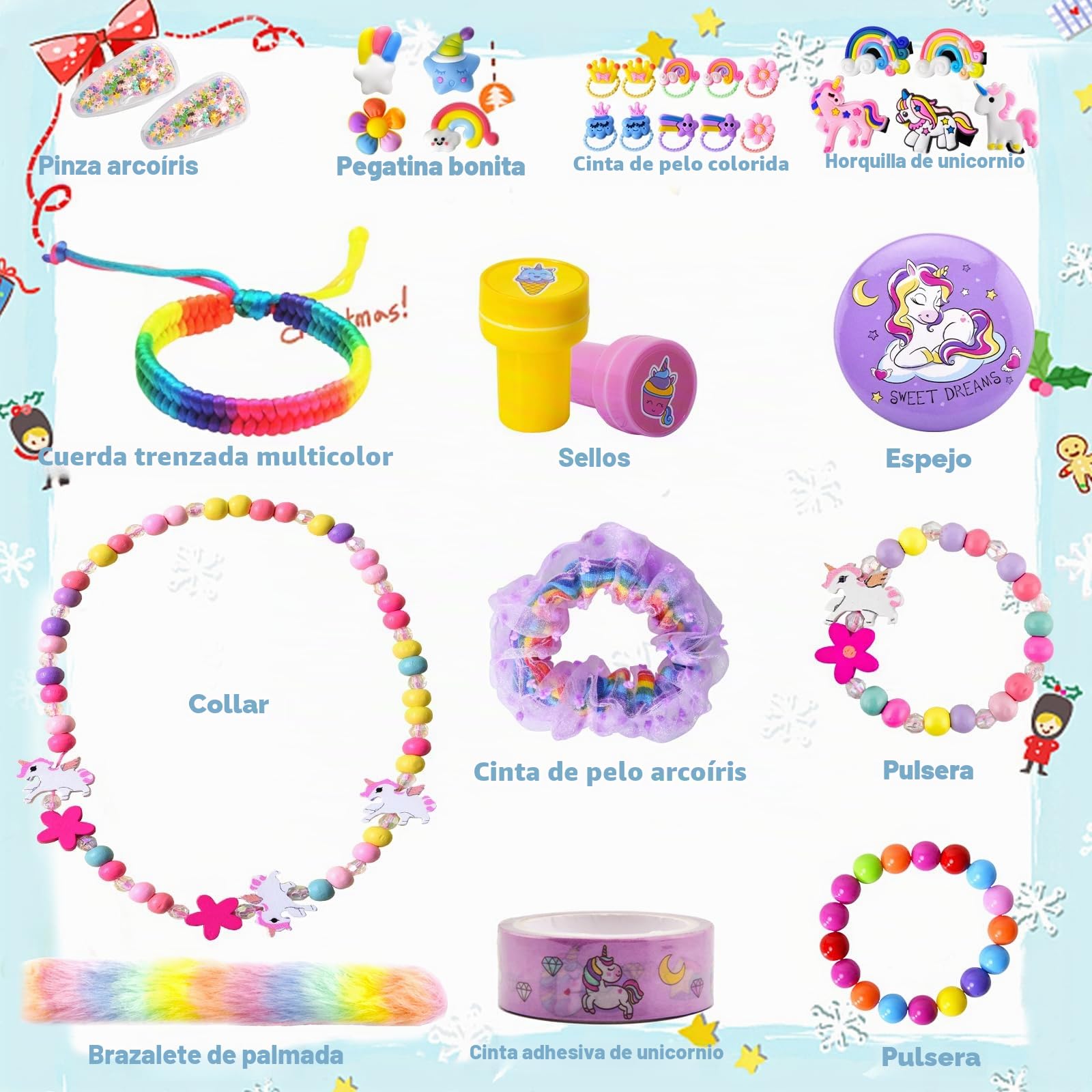 Calendario de Adviento 2025 para niñas, calendario de cuenta atrás de Navidad, 24 días, regalo de unicornio para niños, niñas, incluyendo accesorios para el pelo, pasadores de pelo, pulseras, cartera
