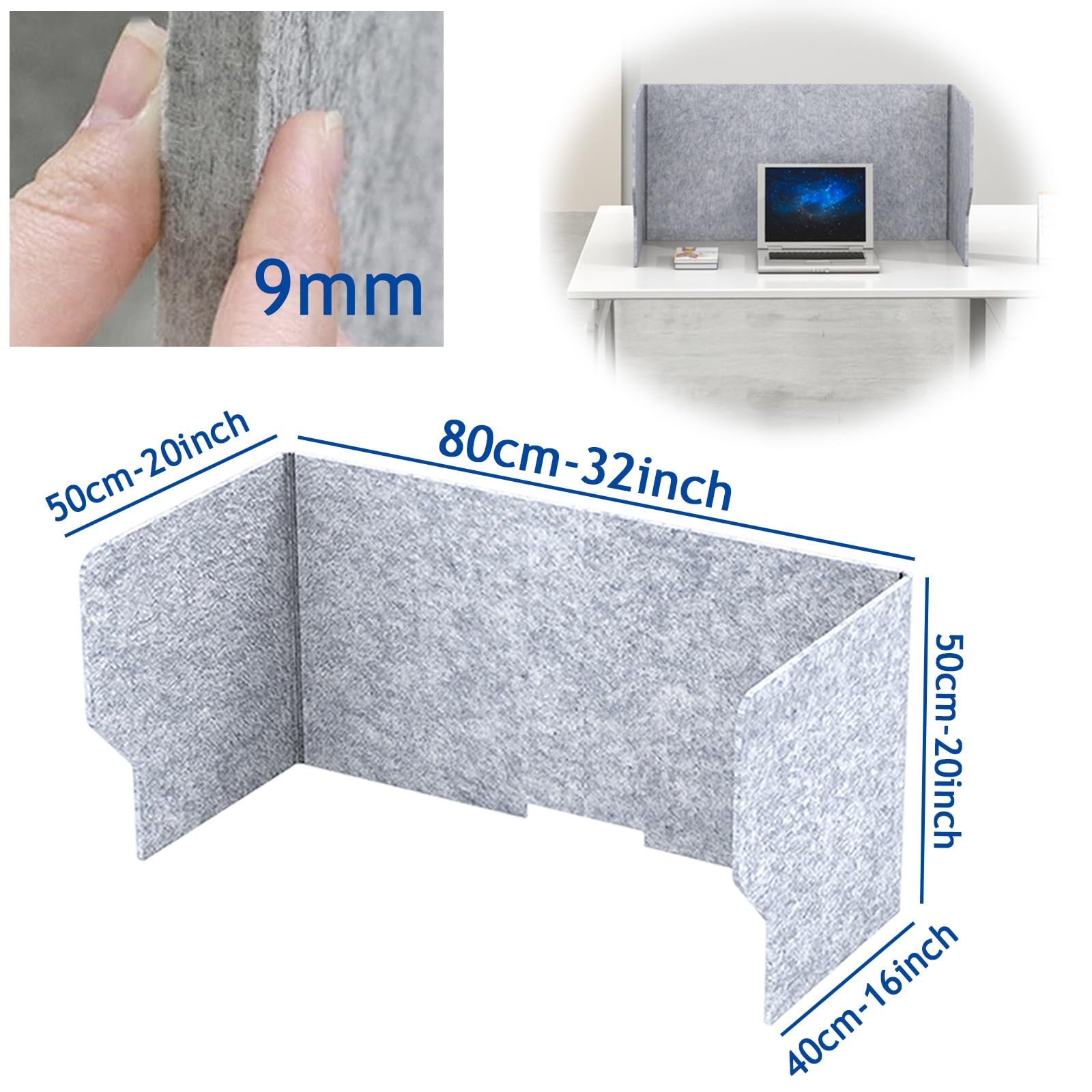 Paneles de fieltro acústico Soundpof de 60/80/100 cm, 9 mm de grosor, reducción de ruido, partición independiente, color gris, ideal para estornudos y privacidad