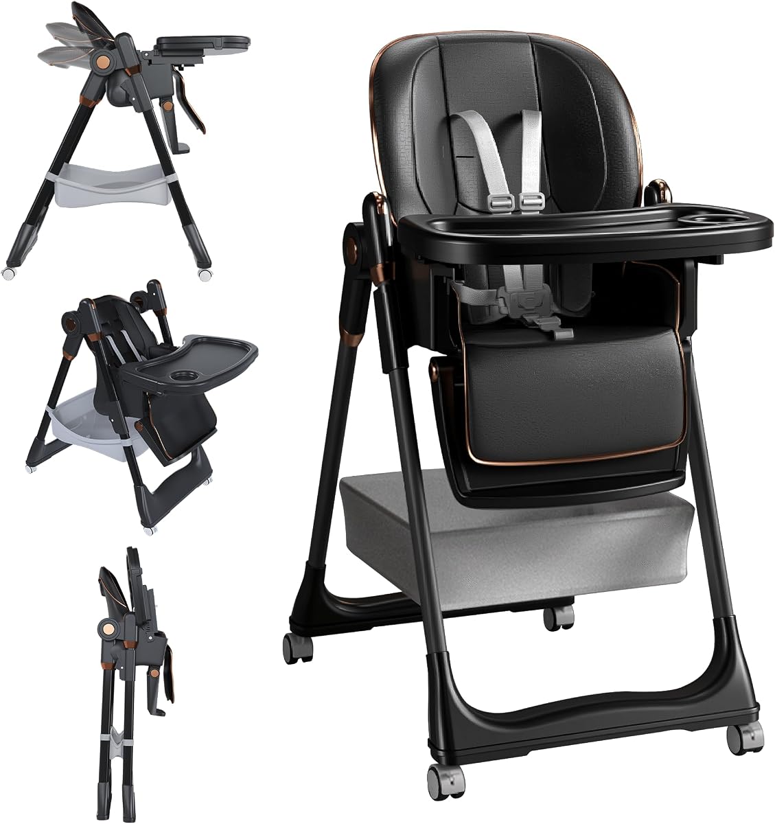3-in-1 Foldable High Chair for Babies & Toddlers, Adjustable Height, Reclining Seat, Wheels with Safety Locks, Removable Tray, Space-Saving Multifunctional Baby Dining Chair (Black)
