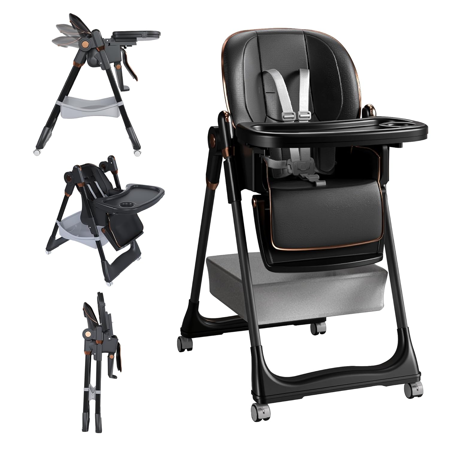 3-in-1 Foldable High Chair for Babies & Toddlers, Adjustable Height, Reclining Seat, Wheels with Safety Locks, Removable Tray, Space-Saving Multifunctional Baby Dining Chair (Black)
