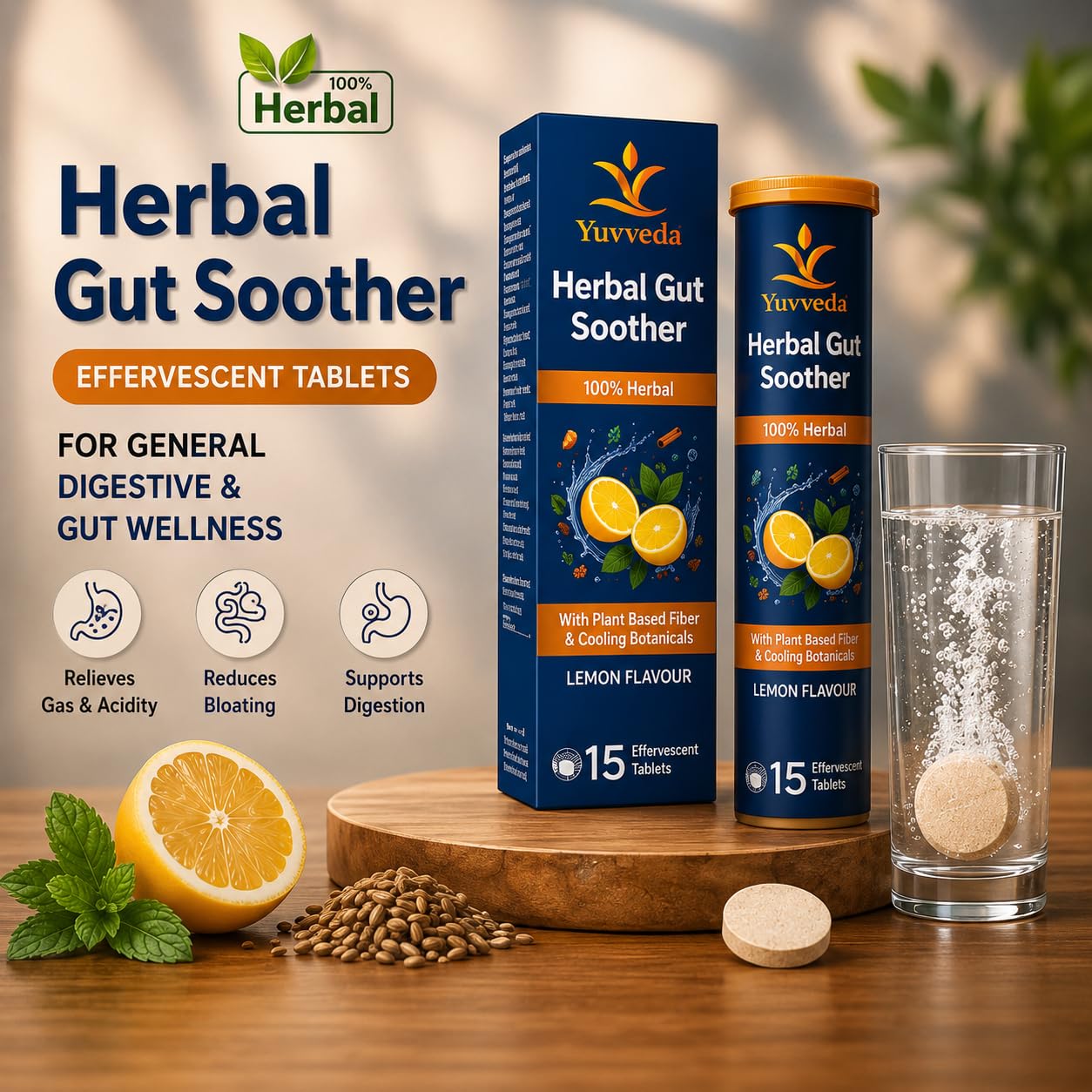 Herbal Gut Soother Effervescent Tablets | Lemon Flavour | 15 Tablets | Herbal Tablet Format | Lemon Taste | Dissolving Tablet Format | Home and Travel Use — Amazon image 7