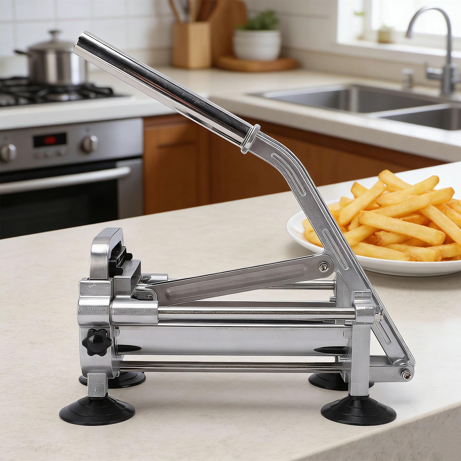 GLOGLOW Cortador de Patatas Fritas, Cortador para Patatas Fritas, Manual de 10.83 X 6.3 Pulgadas con Patas de Succión Antideslizantes, Preparación Rápida para Caseras y de Verduras, de, Acero