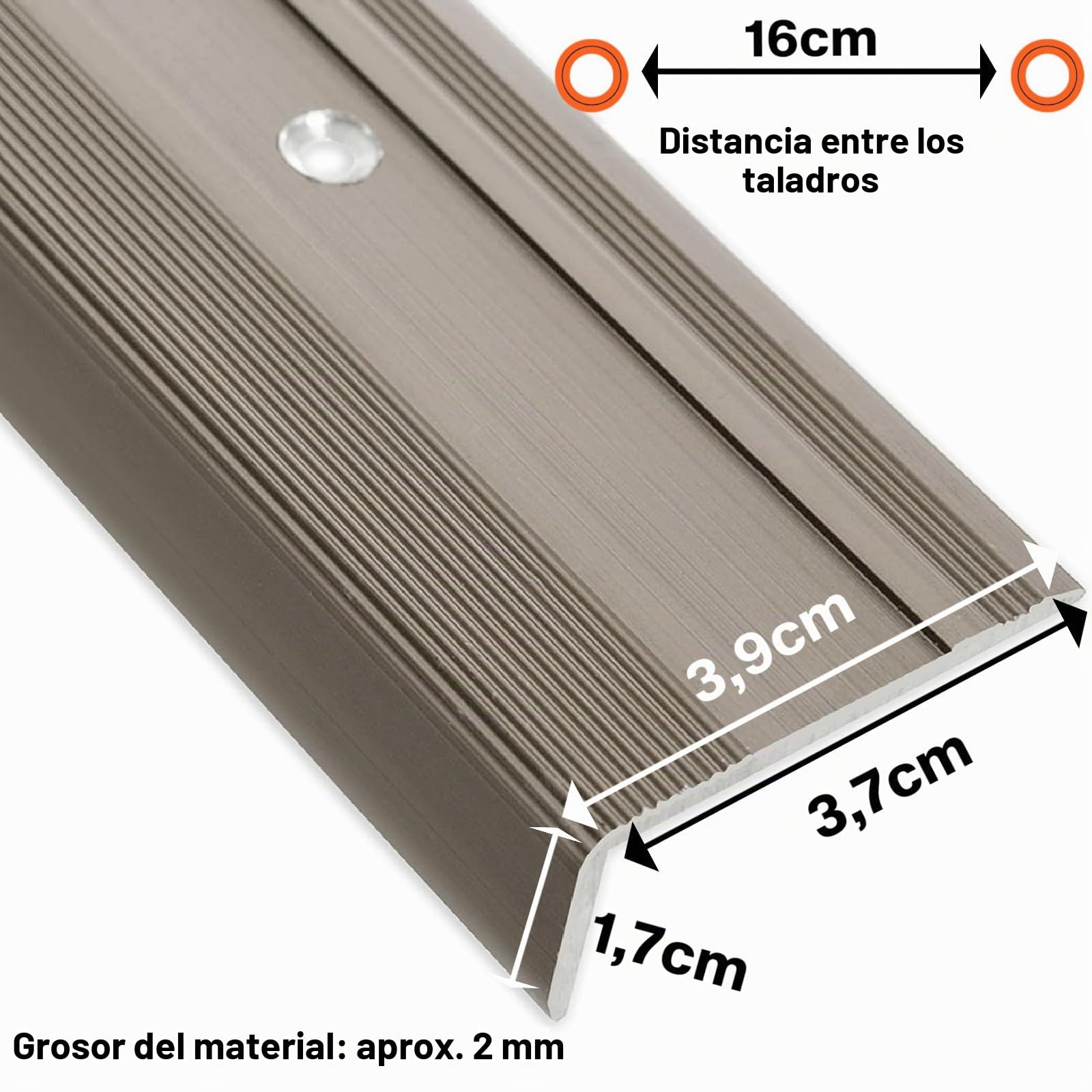 Floordirekt Perfil de borde de escalera de aluminio 134 cm de largo, 1 pieza, incluye tornillos y tacos, perfil de borde de escalón preperforado en forma de L, perfil de ángulo de 37 mm de ancho x 17