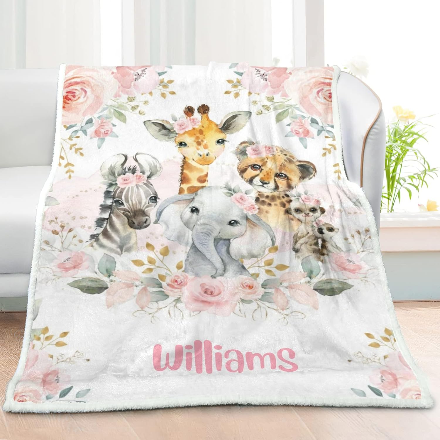 Zoo Animals Pink Floral Personalized Sherpa Baby Blankets for Boys Girls,Soft Newborn Naps Custom Name Blanket for Shower Gift 30x40 in
