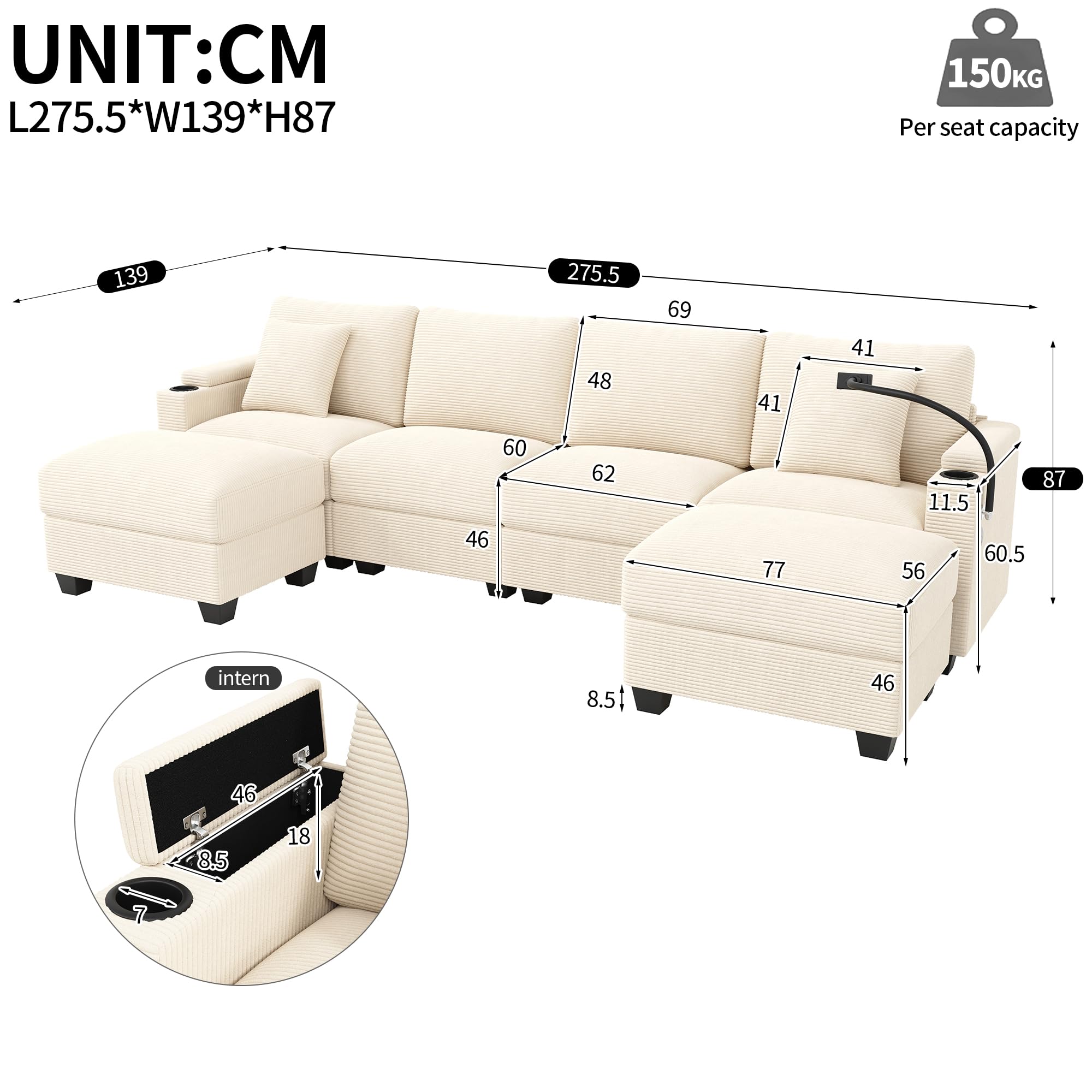 Zestaw wypoczynkowy w kształcie litery U z funkcją spania, modułowa sofa ze sztruksu, sofa narożna z uchwytem na telefon komórkowy, port ładowania USB, idealny do salonu, sypialni, beżowy