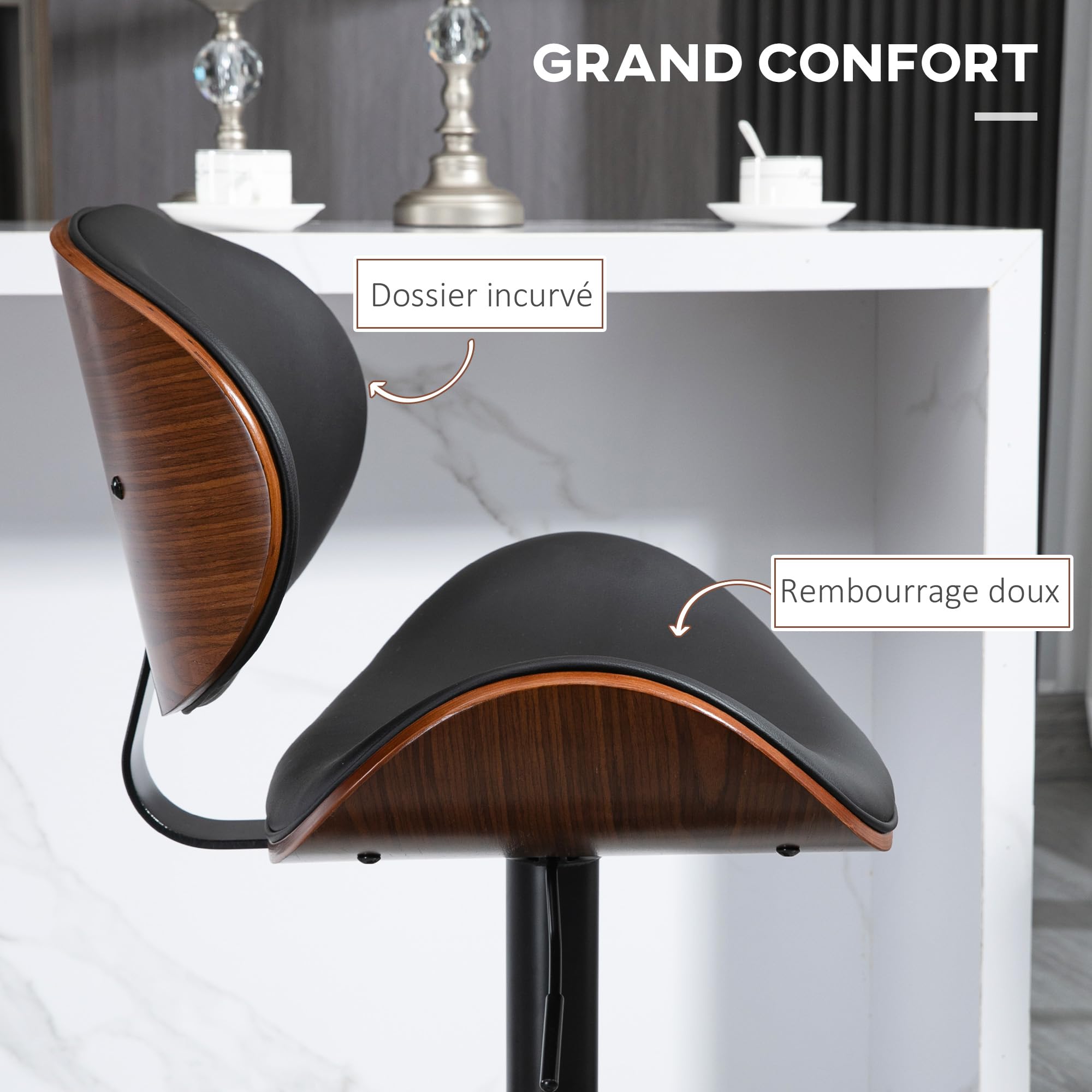 HOMCOM Lot de 2 Tabourets de Bar Dossier Hauteur Réglable Pivotant Noir