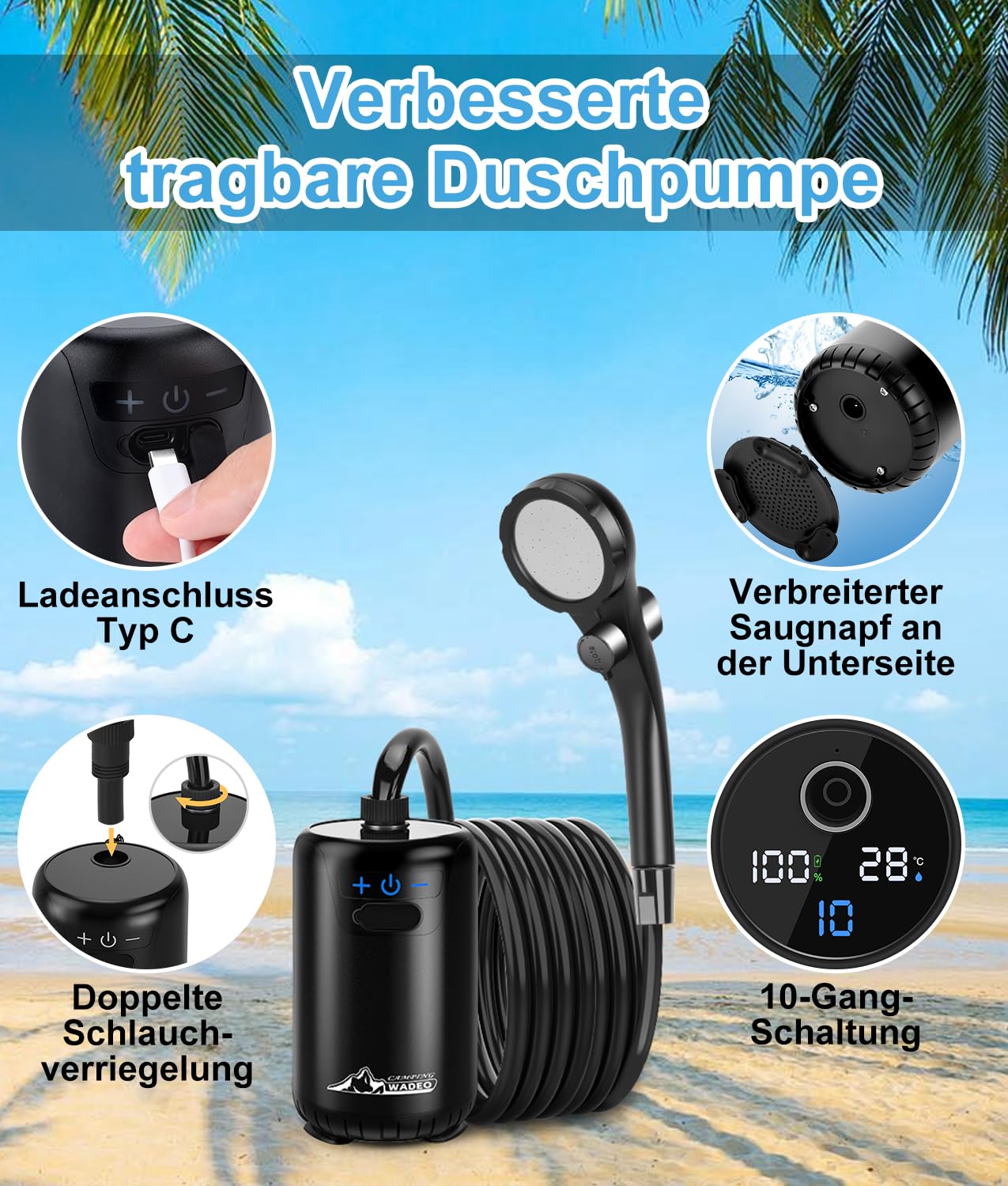 WADEO verbesserte Campingdusche Akku mit Pumpe, 10 Gänge Schaltung, 6000-mAh-Akku für 3 Stunden Laufzeit, mit doppelter Digitalanzeige, Mobile Duschen Outdoor für Camping Reisen Garten (Schwarz)