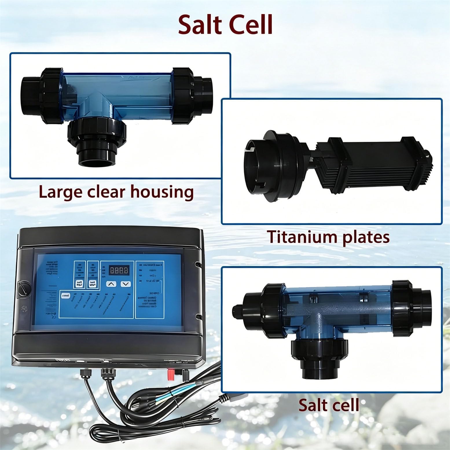 Generador automático de Cloro salino para Piscinas, clorador salino con protección de Temperatura del Agua (10-40 °C), 8 g/12 g/16 g/20 g para jacuzzis y spas. 10g15m³