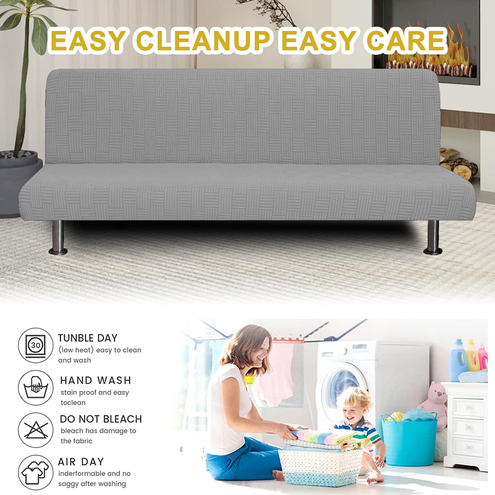 Funda Elástica Jacquard para Sofá Cama Plegable sin Brazos de 3 Plazas, Lavable, Protector Ajustable Suave, Cubierta Total Mueble Futón Clic Clac (Gris Claro)