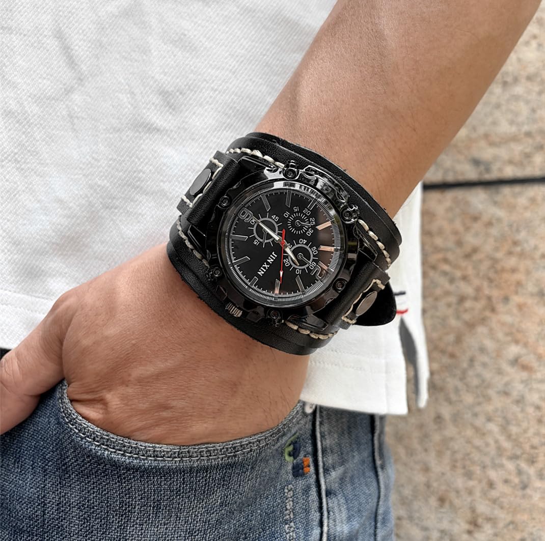 MINILUJIA Reloj de pulsera de cuarzo hecho a mano, estilo punk hip-hop, gótico, ancho, de piel sintética, esfera redonda, esfera grande, negro y marrón, Negro -, Vintage Punk Hip-hop