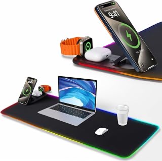 XXL RGB Gaming Desk Mat with Magnetic Wireless Charger - Extended Mouse Pad & Keyboard Mat Compatible with Phone, Smart Watch,Headphones,Qi Devices - for PC, Laptop