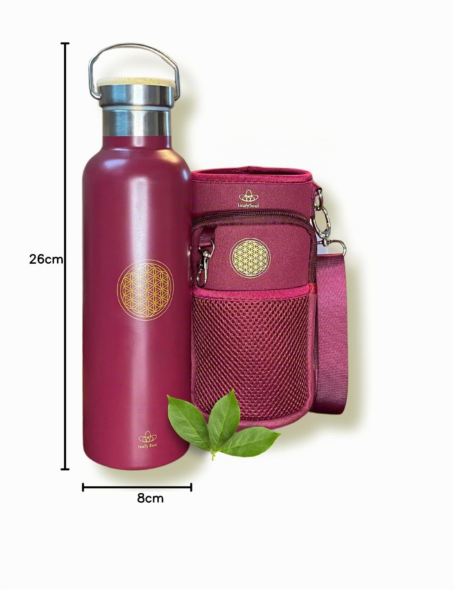 Thermosflasche 750 ml mit Blume des Lebens, Trinkflasche Edelstahl BPA-frei, Isolierflasche mit Neoprentasche für Camping, Outdoor, Sport, Büro, Yoga Geschenke für Frauen