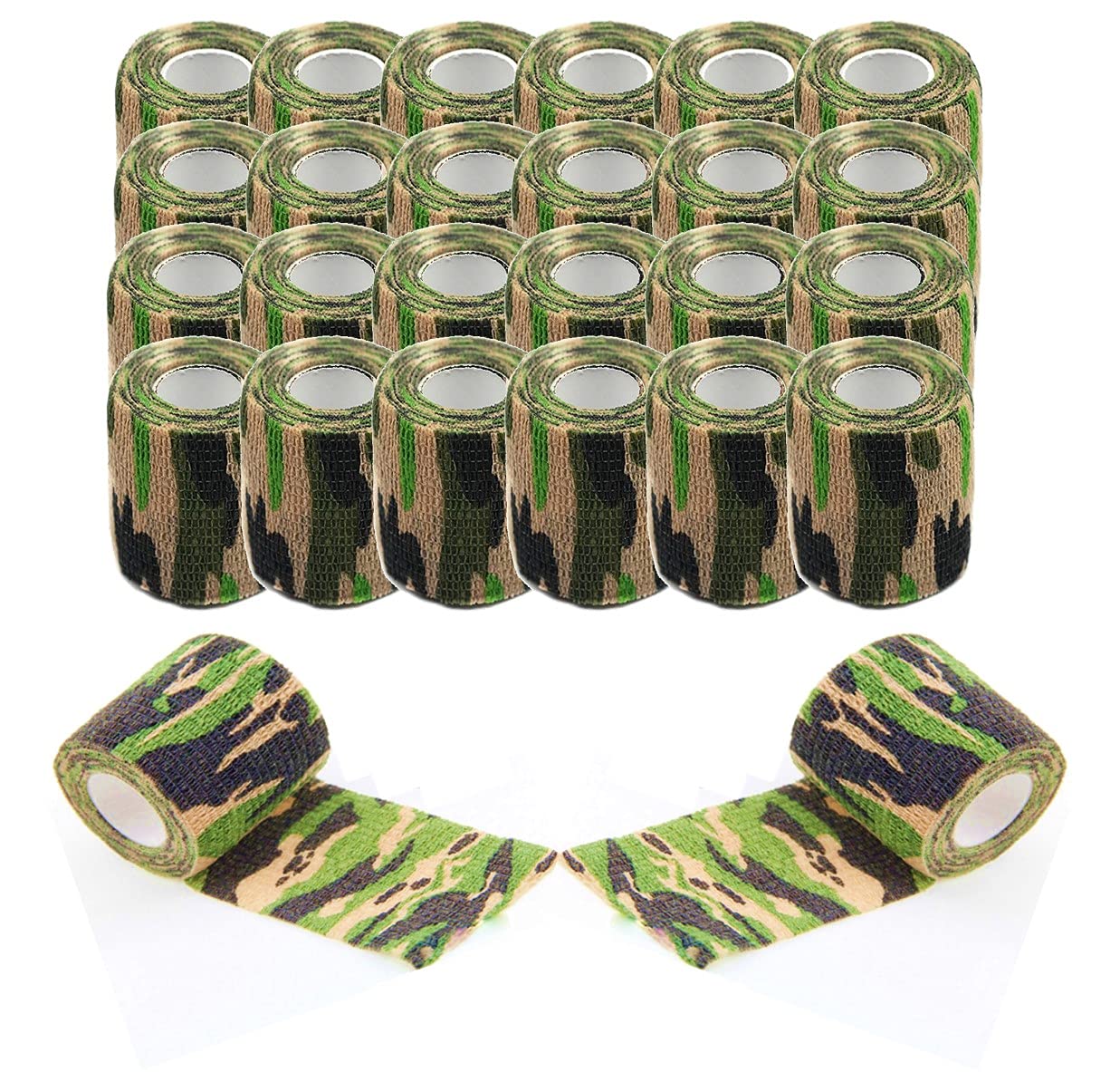 24Rolls 2-inch x 5-Yards Black/Camouflage Sensi Wraps Grip Cover Self Adhesive Coherent Wrap Bandage Rolls Sports Adherent Tape (Camo)