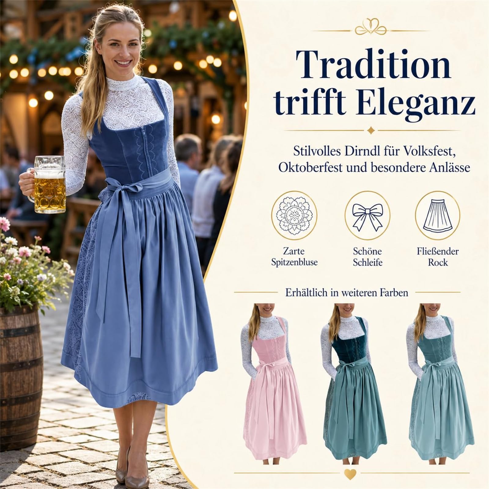 Dirndl Damen, Oktoberfest Outfit Trachtenkleid Set mit Dirndlkleid, Schürze
