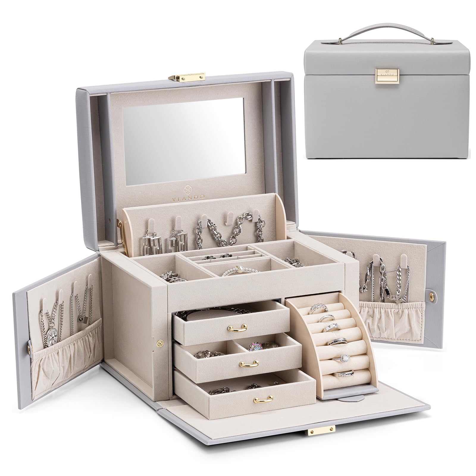 Amazon.com: VLANDO Mirrored Jewelry Box Organizer, Grey | Faux