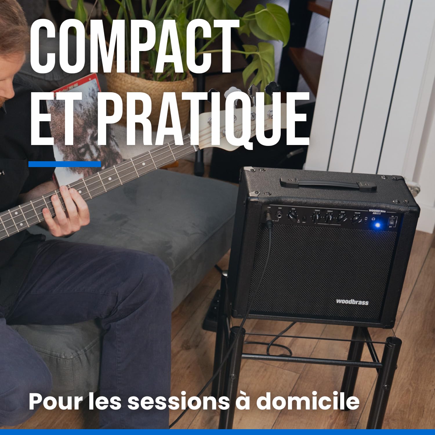 Woodbrass GB820 Amplificateur Combo pour Basse Électrique - Ampli 20W idéal pour Bassiste débutant et Amateur - Compresseur, Prise Casque et AUX