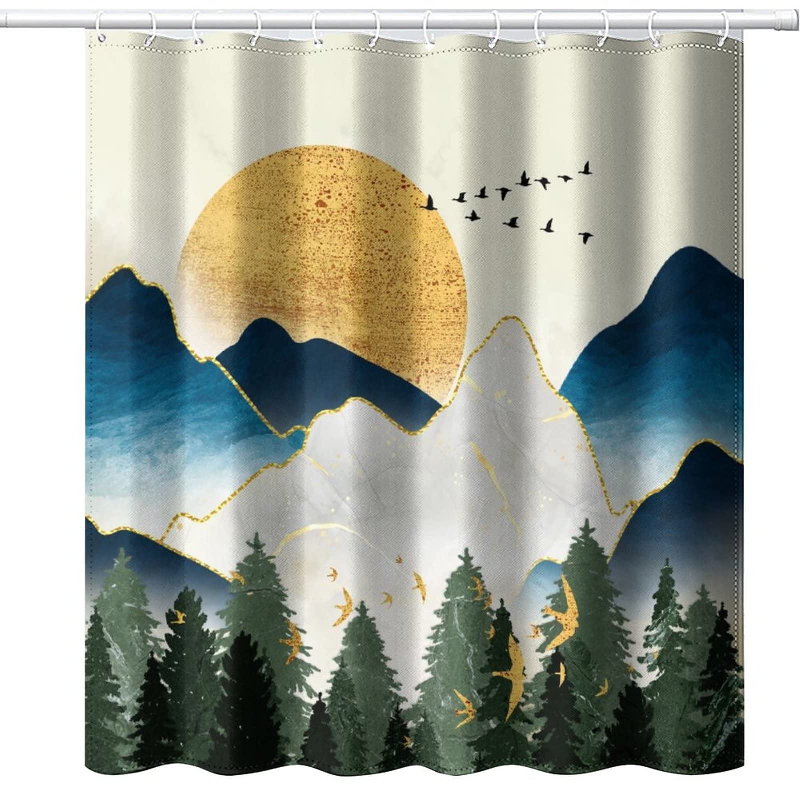 INSFBRB Abstract Forest Mountain Waterproof Fabric Shower Curtain,Retro Mid Century Boho Sun Sunset Marble Design Soft Hotel Quality Cloth Shower