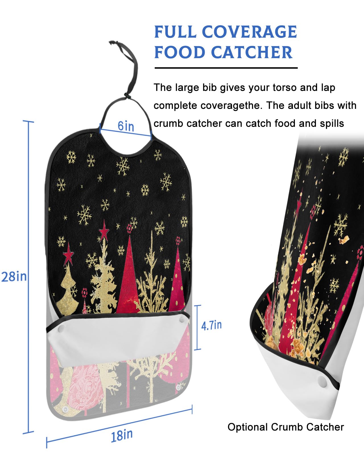 LEOKOTI Red Yellow Christmas Tree Adult Bibs for Eating, Waterproof Bibs with Food Catcher & Adjustable Snap Closure, Xmas Snowflake Classic Black Washable Clothing Protectors Adult Bibs for Elderly