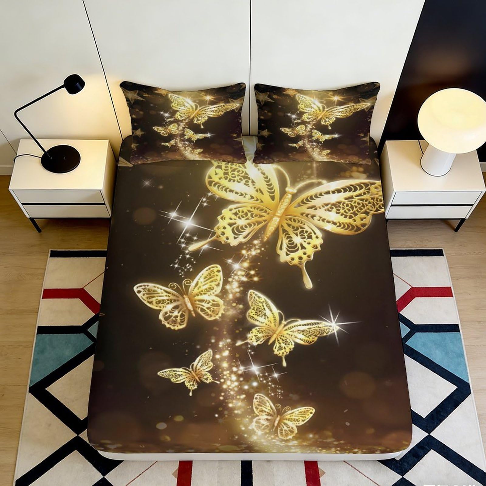3D Printed Golden Butterfly Fitted Sheet Microfiber Soft Breathable Sparkling Wings Bed Cover for Bedroom Dormitory Guest Room Mattress Protection 200x200x25cm