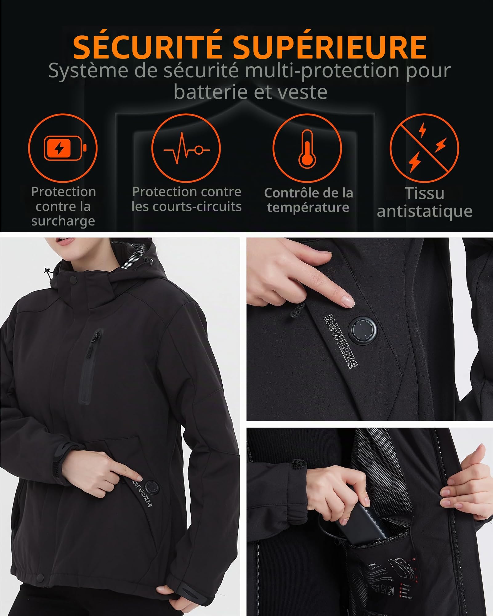 HEWINZE veste chauffante homme/femme avec batterie incluse-Blouson Softshell homme/femme hiver avec capuche pour L'hiver, la Chasse, L'extérieur, le Camping, Ski Équitation.