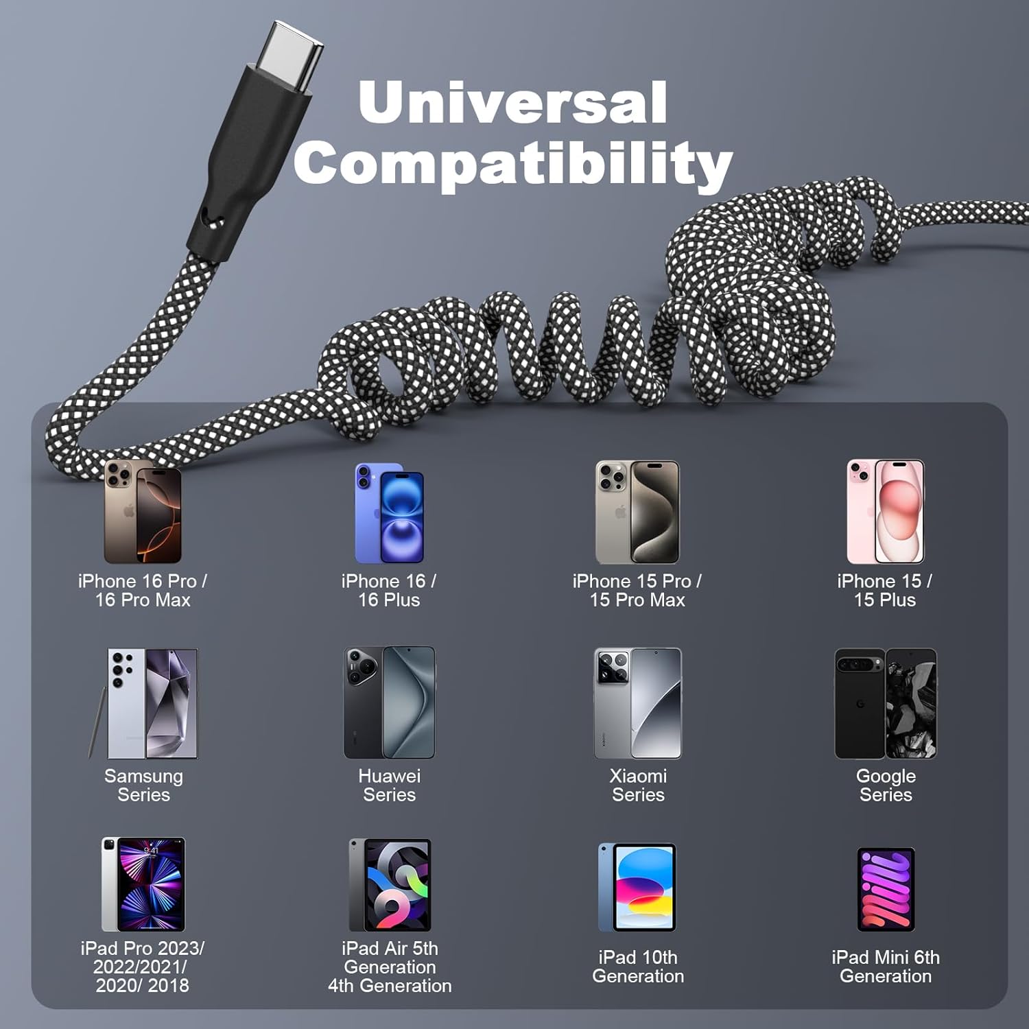 Coiled Carplay Car Charger Fast Charging，[2-Pack, 3ft] Retractable Braid USB A to USB C Cable for iPhone 17/17 Air/16/15/Plus/Pro Max/MacBook Pro, USB C Cord,Grey - Image 6