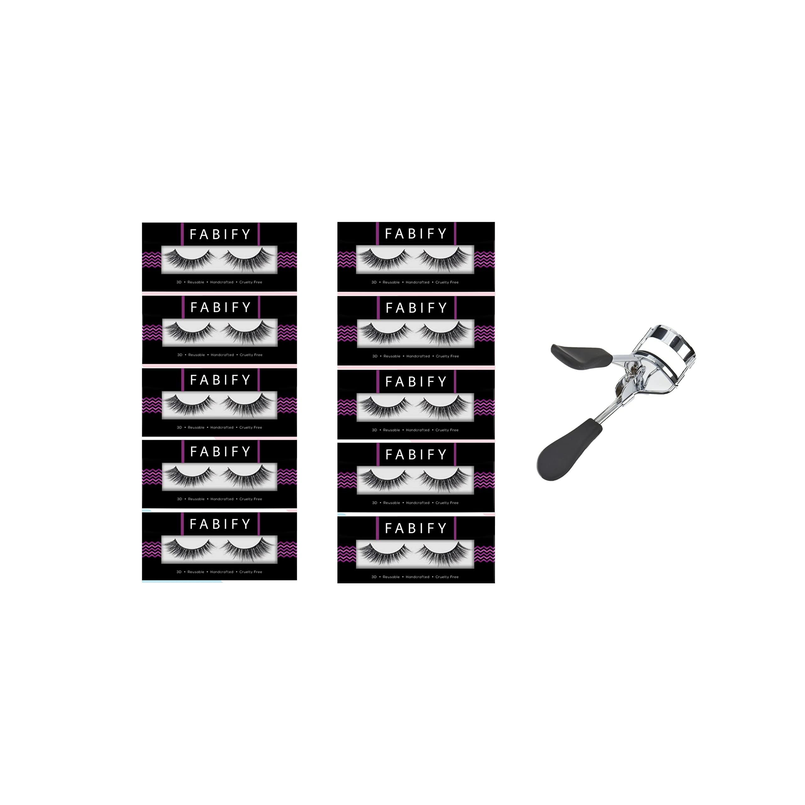 Fabify 10 Pairs Reusable False Eyelashes with Eyelash Curler | Lightweight, Natural-Looking & Non-Allergic Lashes for Women | Comfortable Eye Makeup Combo for Daily & Special Occasions