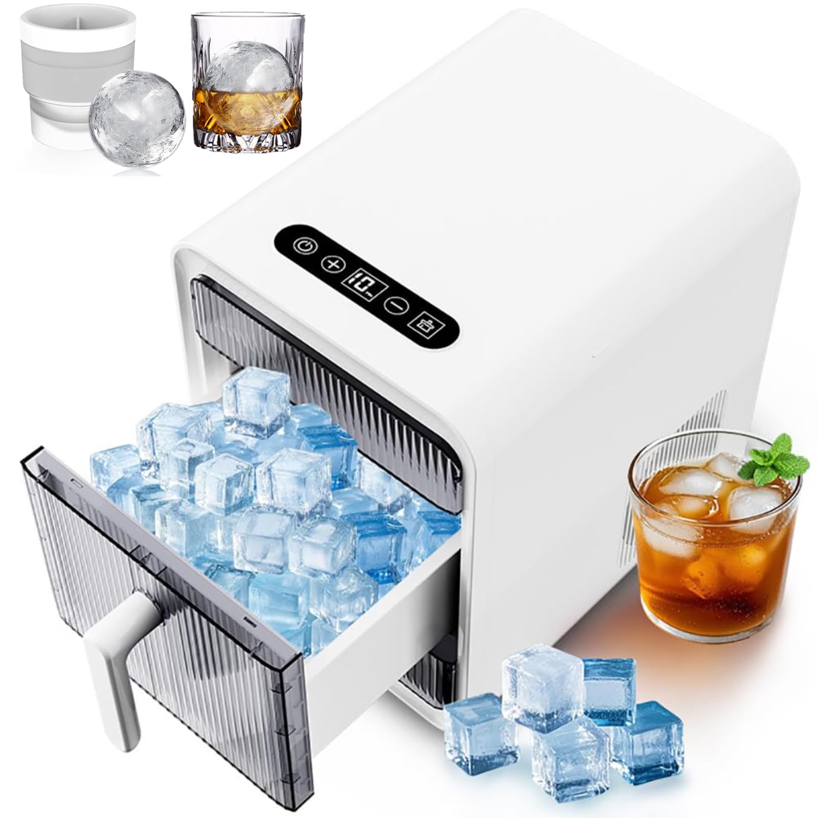 Encimera para hacer hielo con 5 moldes para bolas de hielo, máquina de hielo compacta de 1,5 l, autolimpiante, perfecta para el hogar, bar, encimera de cocina, RV, apartamento, camping white