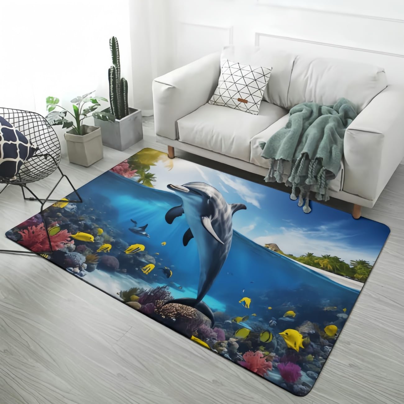 Tapis banc de poissons doux antidérapant bleu 160x230 pour chambre enfant et salon