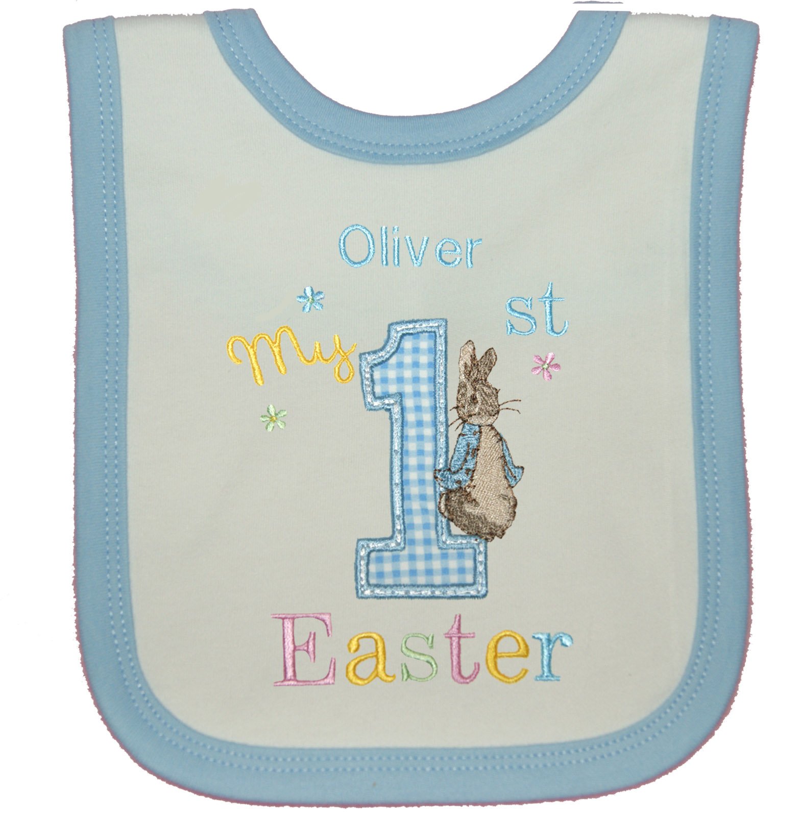 TANGDIAABBCC Boy?s Personalised 1st Little Rabbit Easter Bib. (White-Blue Trim) — image 1