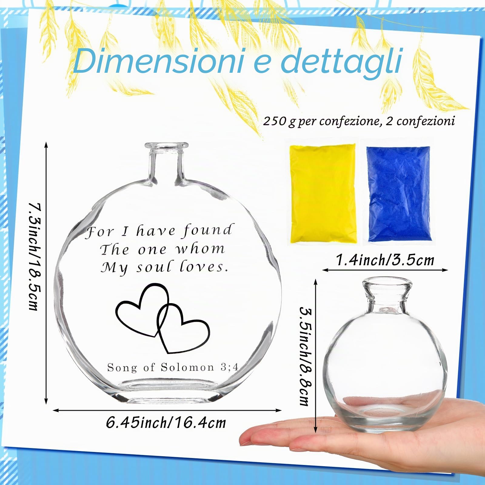 Irenare Set Sabbia Unity per Cerimonia di Matrimonio Include 3 Vasi Decorativi, Sabbia Blu Gialla, Tappo in Sughero Kit Cerimonia per Matrimoni Centrotavola Fidanzamento Ricordo Anniversario