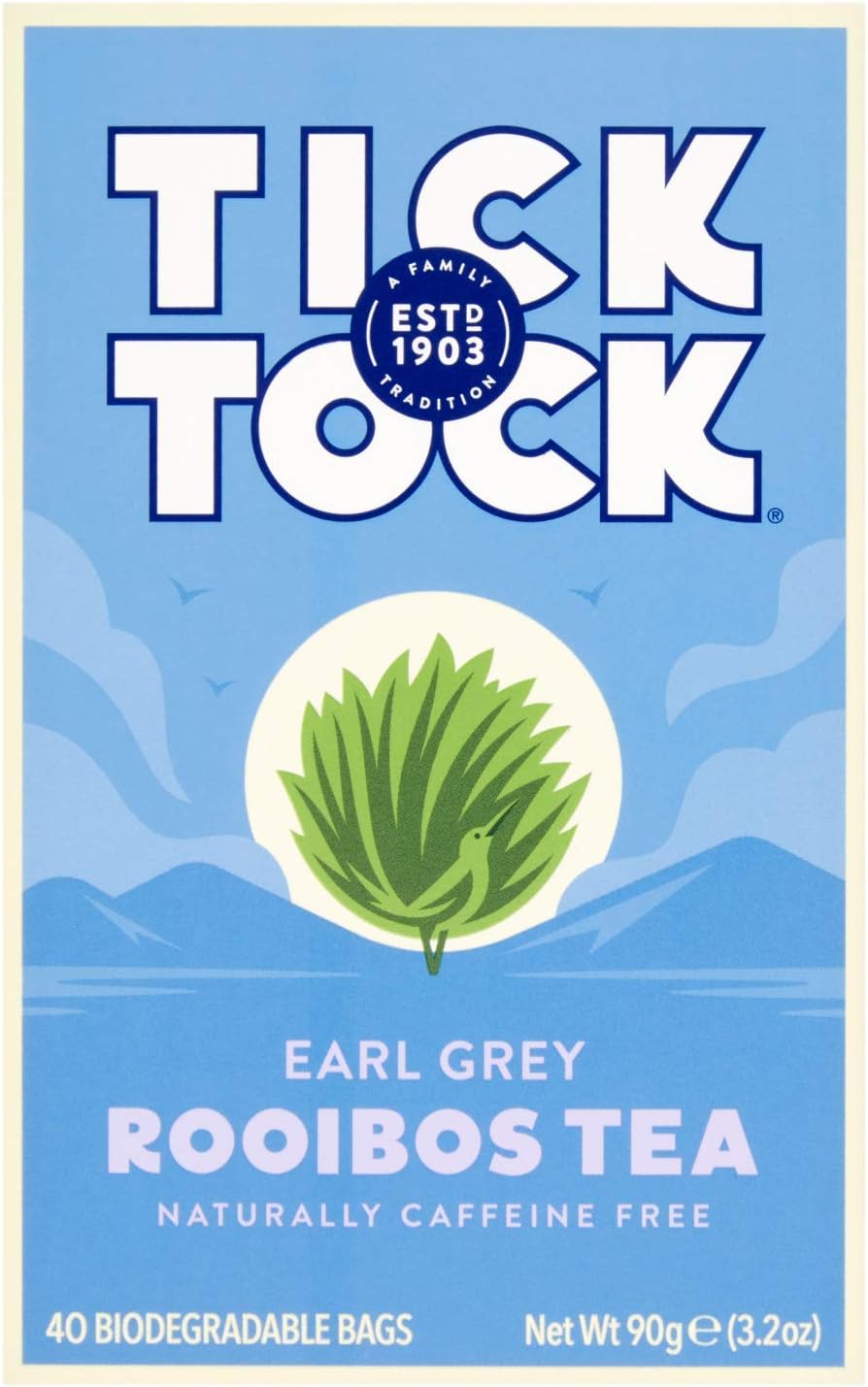 Tick Tock Earl Grey Rooibos Tea | Caffeine-Free Tea | Pack of 4 x 40 Tea Bags (160 Teabags) | Naturally Sweet Herbal Tea | Biodegradable | Rooibos Tea UK | Redbush Tea for Wellbeing and Relaxation