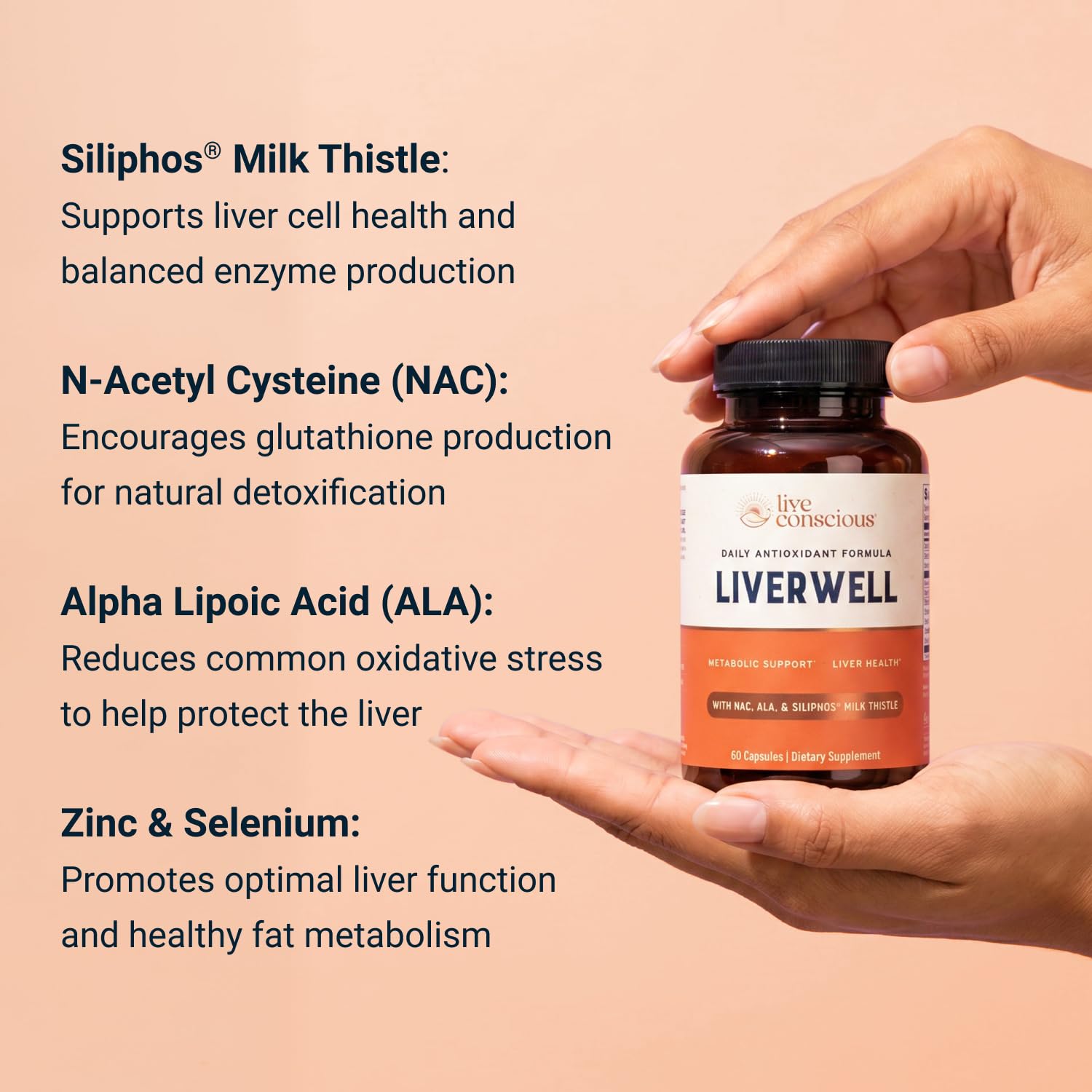 LiverWell Liver Cleanse, Rejuvenation, Metabolic Support - Liver Supplement for Liver Health w/Highly Bioavailable Milk Thistle Extract, N-Acetyl Cysteine, Alpha Lipoic Acid, Zinc, Selenium - 60 Caps — Amazon image 2
