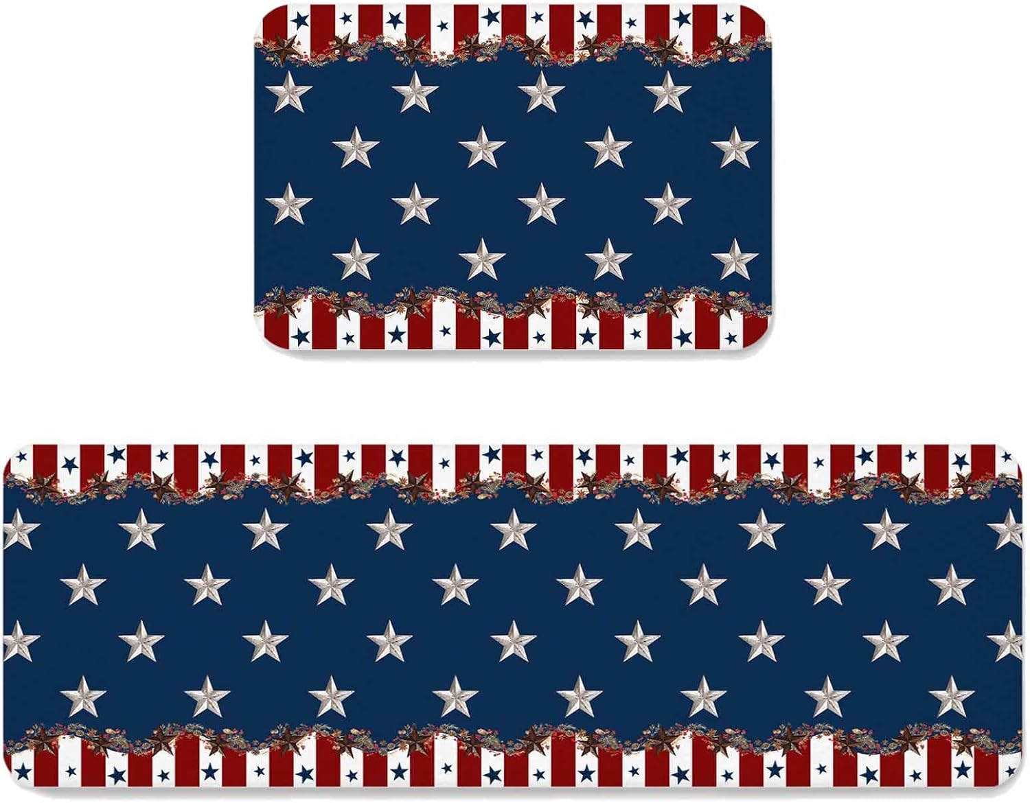 Prime Leader Independence Day Kitchen Mat Set 2 Pieces Farmhouse Country Star American Flag Non Slip Kitchen Rugs Washable Runner Rug Mats for Sink Laundry (23.6" x 35.4"+23.6" x 70.9")