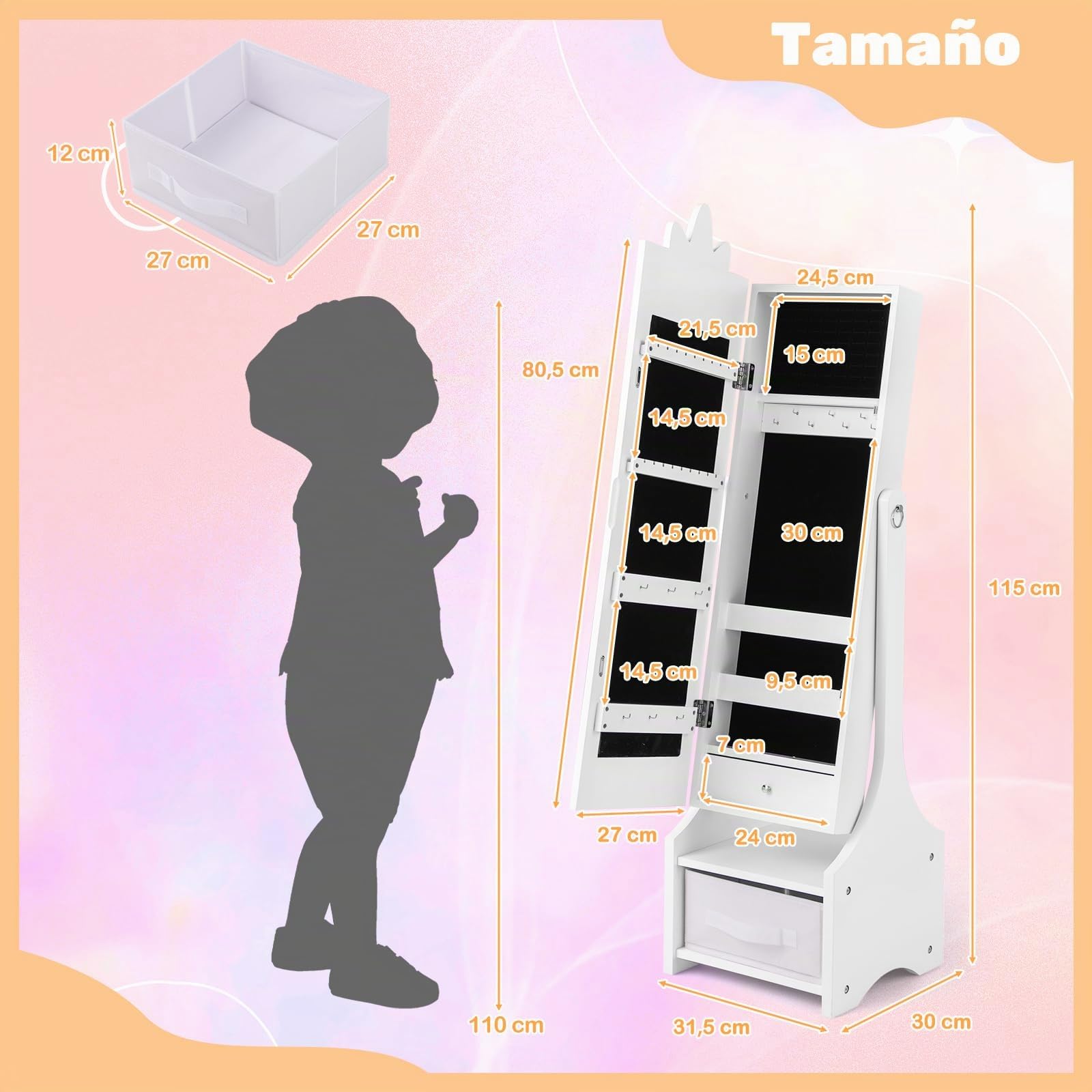 COSTWAY Armario de Joyería para Niñas, Espejo Joyero de Cuerpo Completo Independiente con Almacenamiento, Armario para Joyas Infantil con Ganchos, Estantes y Cajones (Blanco)