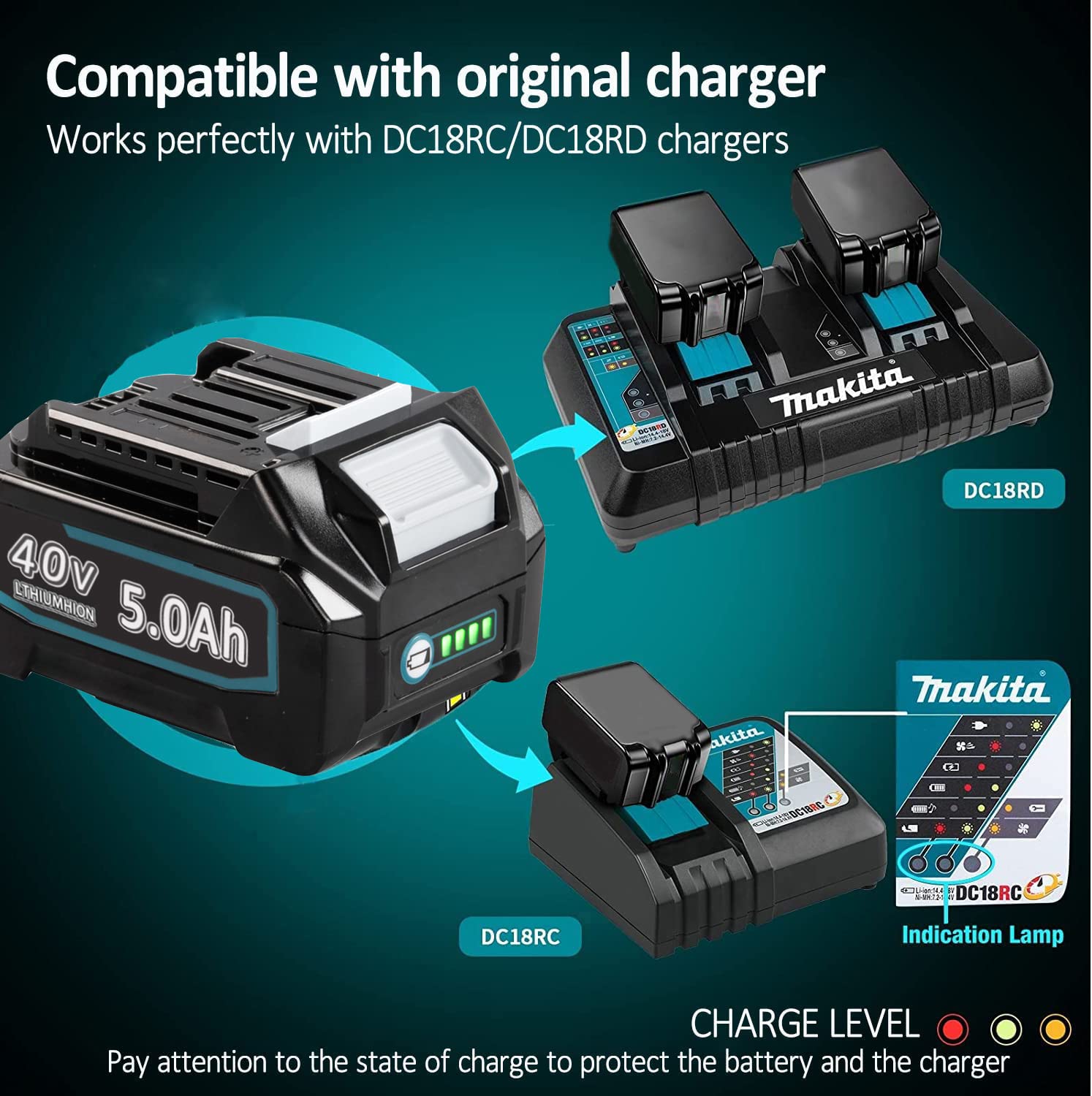 40V 5.0Ah Replacement Battery for Makita 191L47-8 Akku-BL4050F Li 